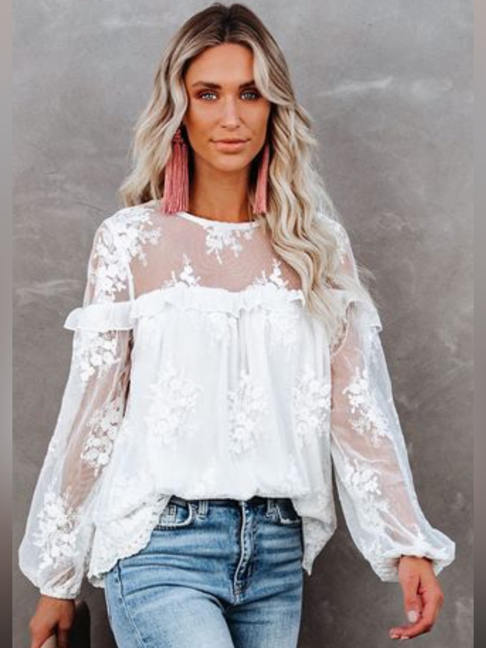 Vine & Love White Sheer Lace Floral Ruffle Trim Embroidered Blouse New With Tags - Picture 7 of 11